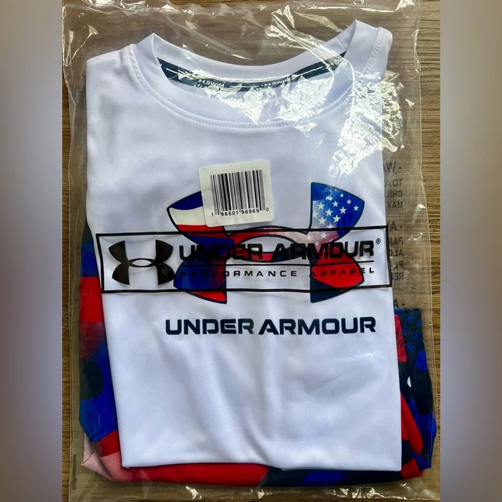 NEW Little Boy Under Armour Rashguard‎ & Swim Trunks Set, Red White Blue